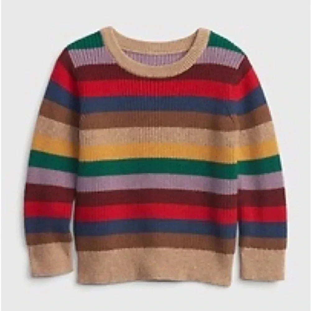gap kids striped knit sweater crewneck toddler girl boy beige red chunky